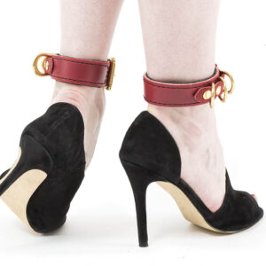 back view of red and brass leather bondage restraints.